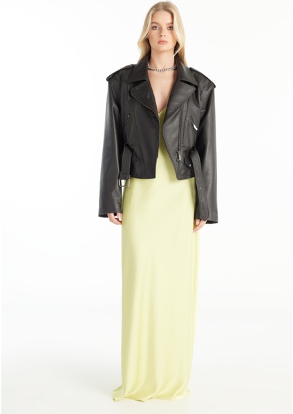 V Yaka Düz Sarı Uzun Kadın Elbise TBWRDR1018 modelleri