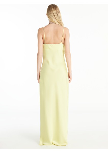 V Yaka Düz Sarı Uzun Kadın Elbise TBWRDR1018 indirimleri