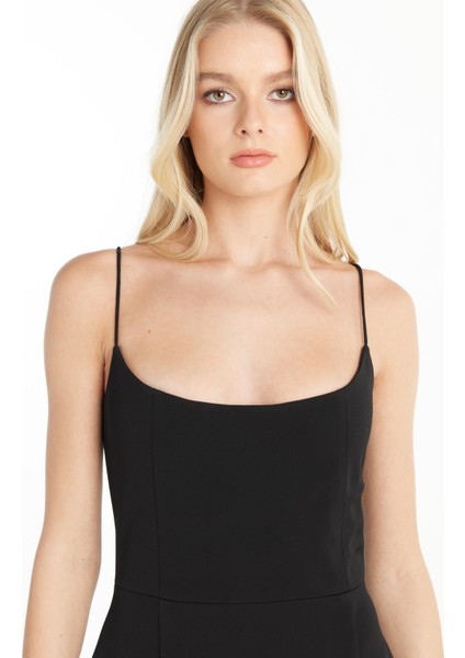 Klasik Yaka Düz Siyah Mini Kadın Elbise TBWROC1000