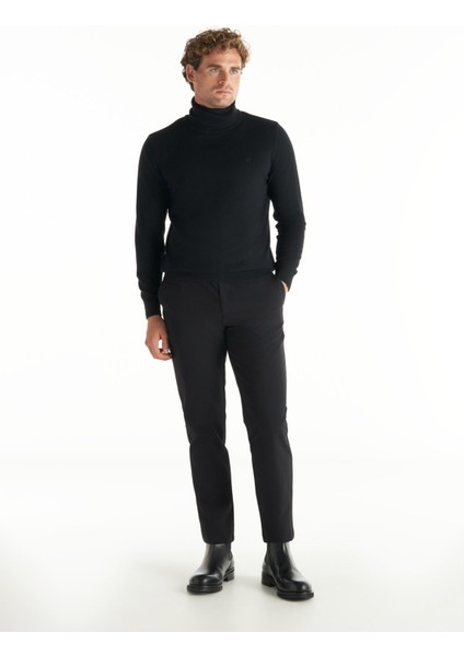 Bağlamalı Bel Normal Paça Tapered Fit Siyah Erkek Pantolon TBMRTR1031