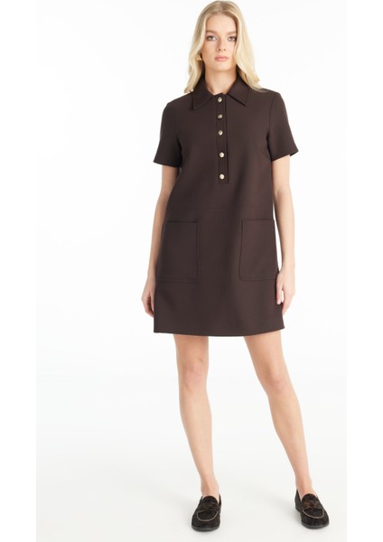 Polo Yaka Düz Koyu Kahve Midi Kadın Elbise TBWRDR1004-1