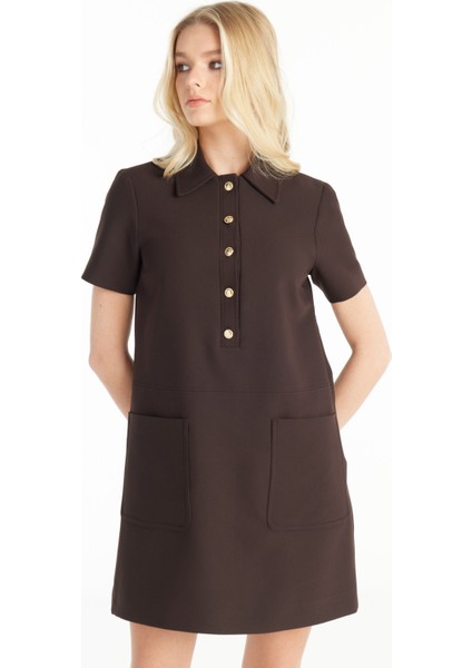 Polo Yaka Düz Koyu Kahve Midi Kadın Elbise TBWRDR1004-1 fiyatları