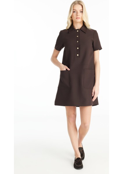 Polo Yaka Düz Koyu Kahve Midi Kadın Elbise TBWRDR1004-1 modelleri