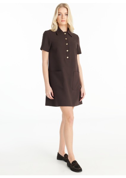 Polo Yaka Düz Koyu Kahve Midi Kadın Elbise TBWRDR1004-1 fırsatları
