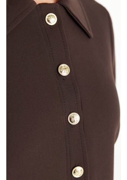 Polo Yaka Düz Koyu Kahve Midi Kadın Elbise TBWRDR1004-1