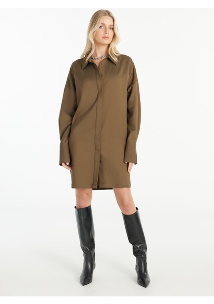 Gömlek Yaka Düz Haki Mini Kadın Elbise TBWRDR1001