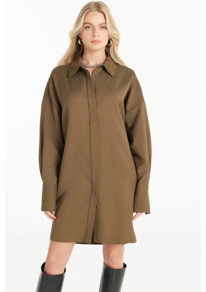 Gömlek Yaka Düz Haki Mini Kadın Elbise TBWRDR1001 fiyatları
