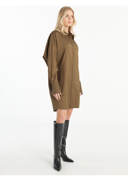 Gömlek Yaka Düz Haki Mini Kadın Elbise TBWRDR1001 fırsatları