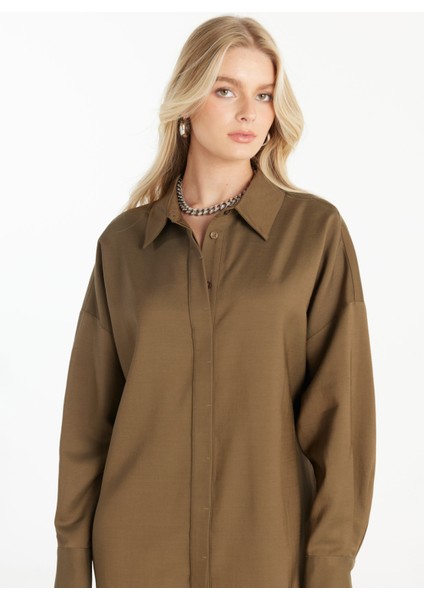 Gömlek Yaka Düz Haki Mini Kadın Elbise TBWRDR1001