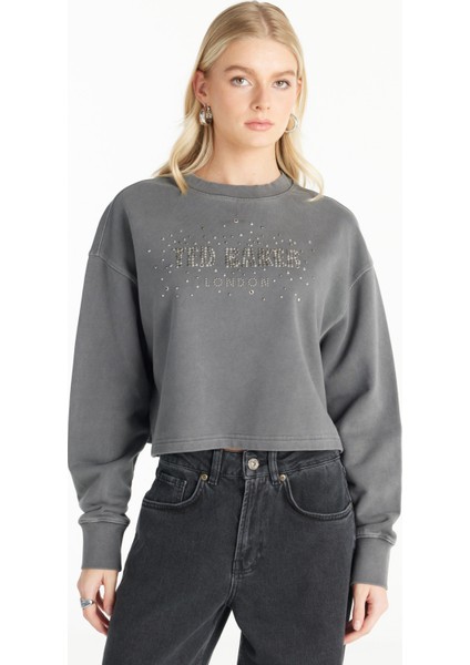 Bisiklet Yaka Taşlı Antrasit Kadın Sweatshırt TBWRTS1033