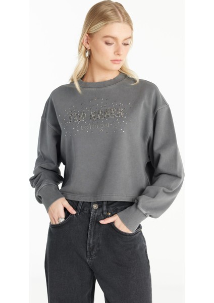Bisiklet Yaka Taşlı Antrasit Kadın Sweatshırt TBWRTS1033 modelleri