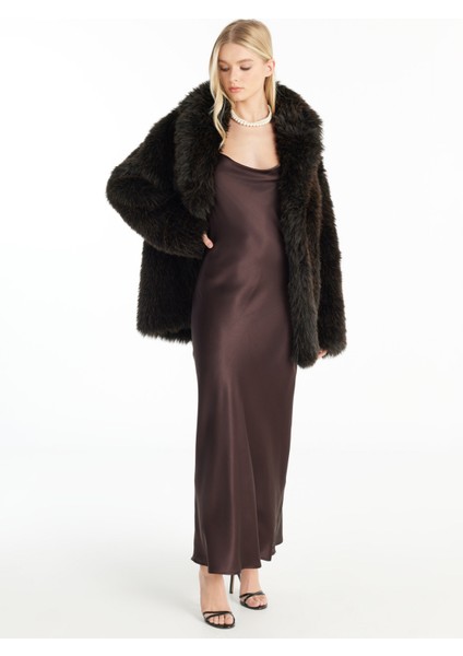 Degaje Yaka Düz Koyu Kahve Uzun Kadın Elbise TBWROC1003 modelleri