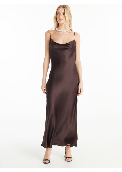 Degaje Yaka Düz Koyu Kahve Uzun Kadın Elbise TBWROC1003 fırsatları