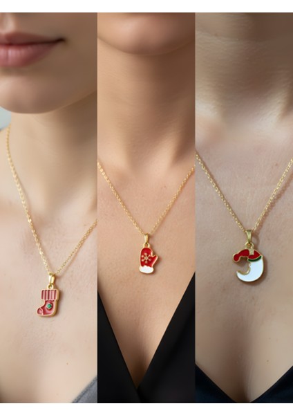 Yeni Yıl Üçlü Kombin Altın Kaplama Kolye Seti