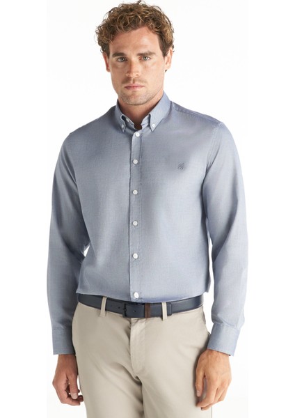 Comfort Fit Düğmeli Yaka Oxford Koyu Mavi Erkek Gömlek TBMRSH1010