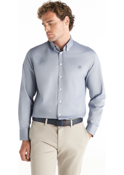 Comfort Fit Düğmeli Yaka Oxford Koyu Mavi Erkek Gömlek TBMRSH1010 modelleri