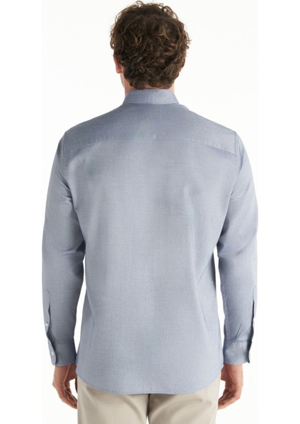 Comfort Fit Düğmeli Yaka Oxford Koyu Mavi Erkek Gömlek TBMRSH1010 fırsatları