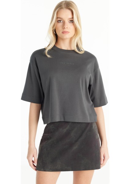 Bisiklet Yaka Baskılı Antrasit Kadın T-Shirt TBWRTS1017