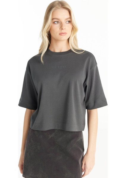 Bisiklet Yaka Baskılı Antrasit Kadın T-Shirt TBWRTS1017 modelleri