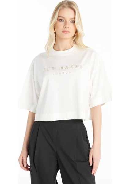 Bisiklet Yaka Taşlı Ekru Kadın T-Shirt TBWRTS1031