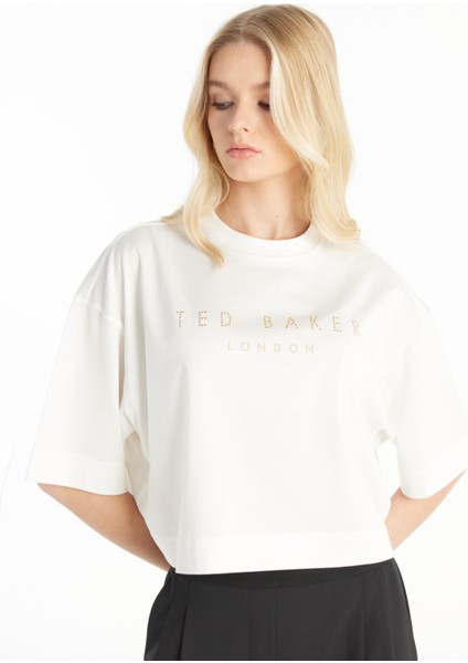 Bisiklet Yaka Taşlı Ekru Kadın T-Shirt TBWRTS1031 modelleri