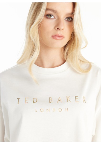 Bisiklet Yaka Taşlı Ekru Kadın T-Shirt TBWRTS1031 indirimleri