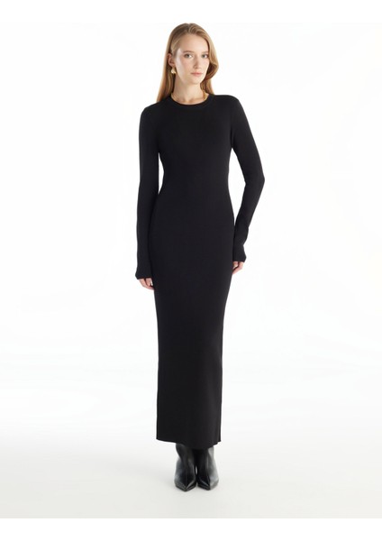 Bisiklet Yaka Düz Siyah Uzun Kadın Elbise TBWRKW1049