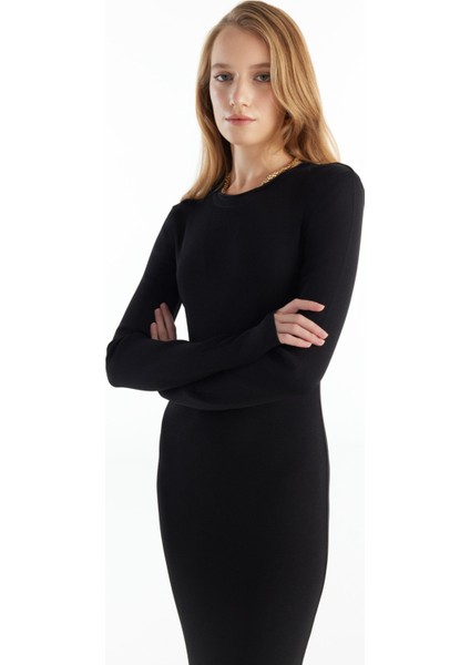 Bisiklet Yaka Düz Siyah Uzun Kadın Elbise TBWRKW1049 fırsatları