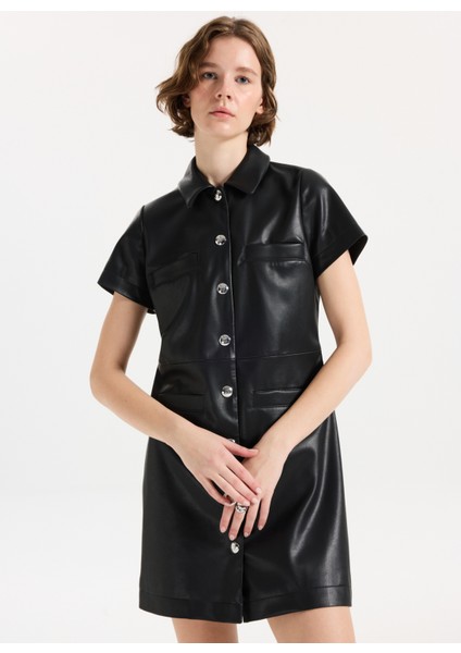 Gömlek Yaka Siyah Kısa Kadın Elbise 50542354