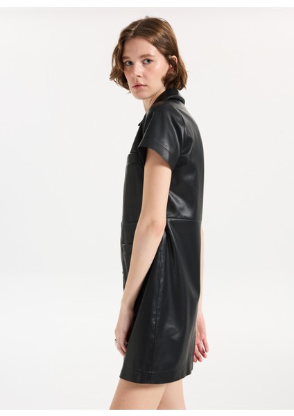 Gömlek Yaka Siyah Kısa Kadın Elbise 50542354 modelleri