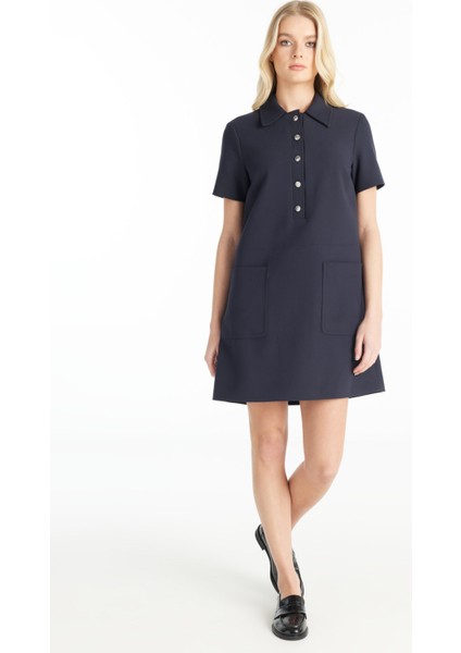 Polo Yaka Düz Lacivert Midi Kadın Elbise TBWRDR1004-1