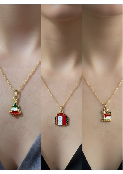 Yeni Yıl Üçlü Kombin Altın Kaplama Kolye Seti