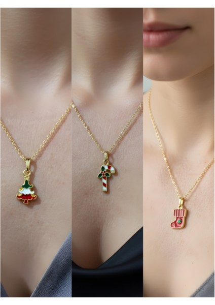 Yeni Yıl Üçlü Kombin Altın Kaplama Kolye Seti