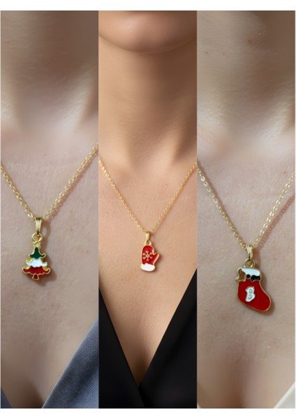 Yeni Yıl Üçlü Kombin Altın Kaplama Kolye Seti