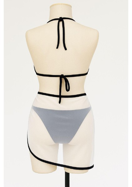Kadın Siyah Beyaz Pareolu Yandan ve Boyundan Bağlamalı 3'lü Bikini Takımı modelleri