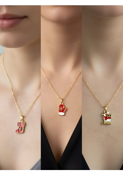 Yeni Yıl Üçlü Kombin Altın Kaplama Kolye Seti