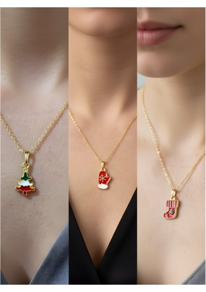 Yeni Yıl Üçlü Kombin Altın Kaplama Kolye Seti