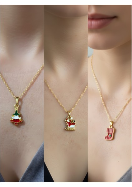 Yeni Yıl Üçlü Kombin Altın Kaplama Kolye Seti