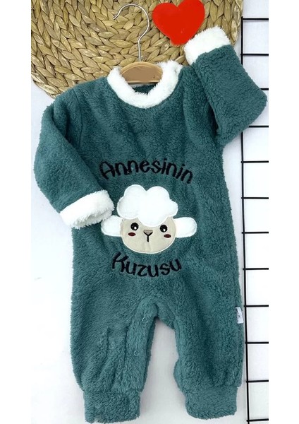 3-6-9-12 Ay Kuzu Tüylü Kumaş Annesinin Kuzusu Nakışlı Alttan Çıtçıtlı Kız Erkek Bebek Tulumu Petrol Mavisi