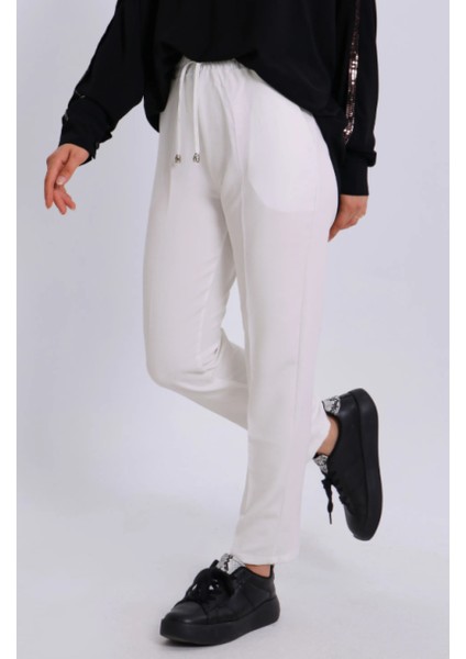 Beli Ip Detaylı Beli Lastikli Kadın Kumaş Pantolon