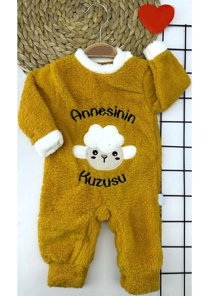 3-6-9-12 Ay Kuzu Tüylü Kumaş Annesinin Kuzusu Nakışlı Alttan Çıtçıtlı Kız Erkek Bebek Tulumu Hardal