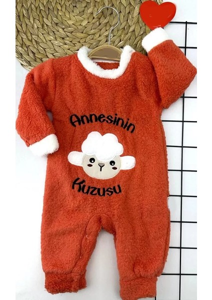 3-6-9-12 Ay Kuzu Tüylü Kumaş Annesinin Kuzusu Nakışlı Alttan Çıtçıtlı Kız Erkek Bebek Tulumu Turuncu