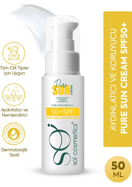 Pure Sun Cream SPF50+ | Aydınlatıcı, Nemli ve Koruyucu Yüz Güneş Kremi | Leke & Yaşlanma Karşıtı