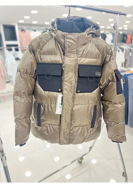 Erkek Haki Çıkarılabilir Kapüşonlu Parlak Şişme Spor Mont