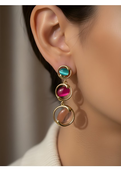 Renkli Taşlı Gold Halkalı Uzun Vip Küpe | Trend Küpe | Zarif Kadın Küpe