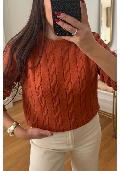 Saç Örgü Detaylı Tasarım Kazak- Kiremit fiyatları