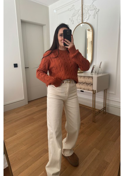 Saç Örgü Detaylı Tasarım Kazak- Kiremit fırsatları