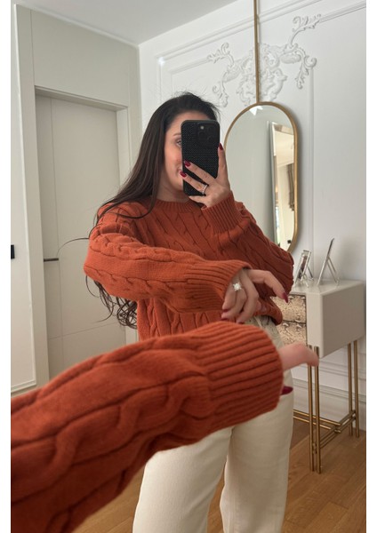 Saç Örgü Detaylı Tasarım Kazak- Kiremit indirimleri