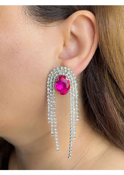 Trend Kadın Fuşya Taşlı Sallantılı Abiye Küpe