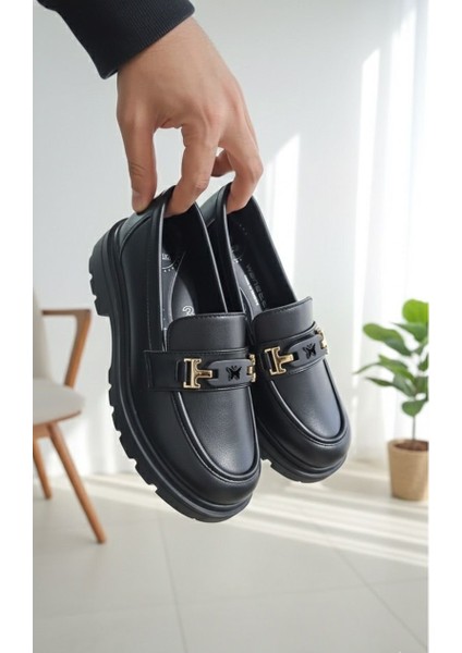 Kadın Kalın Taban Ortopedik Comfort Taban Deri Görünümlü Loafer – Siyah
